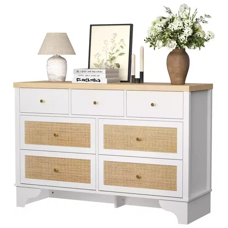 7 Drawer Dresser for Bedroom,47.3'' Wide Rattan Dressers,Large Chest of Drawers,Boho Closet Organizer for Living Room,Entryway and Hallway