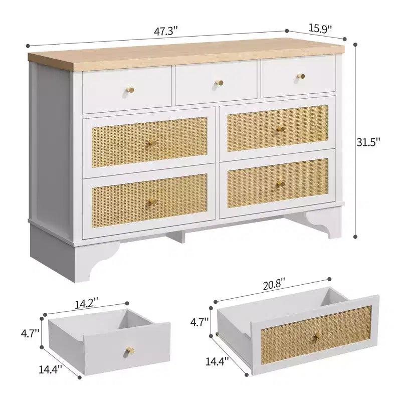 7 Drawer Dresser for Bedroom,47.3'' Wide Rattan Dressers,Large Chest of Drawers,Boho Closet Organizer for Living Room,Entryway and Hallway