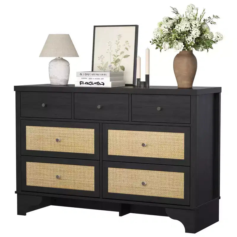 7 Drawer Dresser for Bedroom,47.3'' Wide Rattan Dressers,Large Chest of Drawers,Boho Closet Organizer for Living Room,Entryway and Hallway