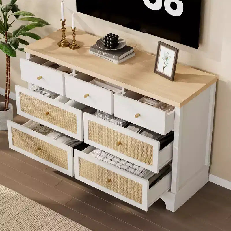 7 Drawer Dresser for Bedroom,47.3'' Wide Rattan Dressers,Large Chest of Drawers,Boho Closet Organizer for Living Room,Entryway and Hallway