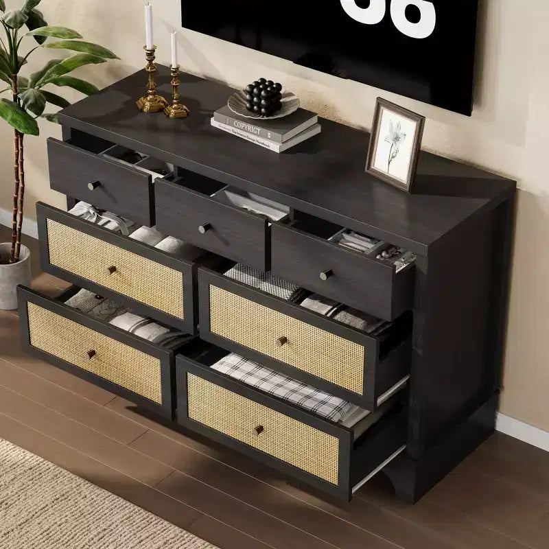 7 Drawer Dresser for Bedroom,47.3'' Wide Rattan Dressers,Large Chest of Drawers,Boho Closet Organizer for Living Room,Entryway and Hallway