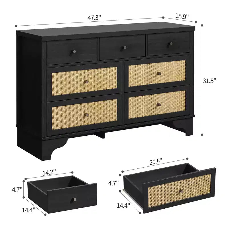 7 Drawer Dresser for Bedroom,47.3'' Wide Rattan Dressers,Large Chest of Drawers,Boho Closet Organizer for Living Room,Entryway and Hallway