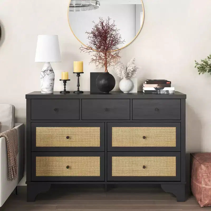 7 Drawer Dresser for Bedroom,47.3'' Wide Rattan Dressers,Large Chest of Drawers,Boho Closet Organizer for Living Room,Entryway and Hallway