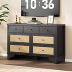 7 Drawer Dresser for Bedroom,47.3'' Wide Rattan Dressers,Large Chest of Drawers,Boho Closet Organizer for Living Room,Entryway and Hallway