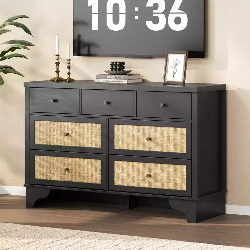 7 Drawer Dresser for Bedroom,47.3'' Wide Rattan Dressers,Large Chest of Drawers,Boho Closet Organizer for Living Room,Entryway and Hallway