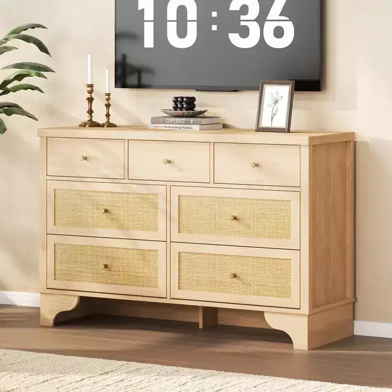 7 Drawer Dresser for Bedroom,47.3'' Wide Rattan Dressers,Large Chest of Drawers,Boho Closet Organizer for Living Room,Entryway and Hallway
