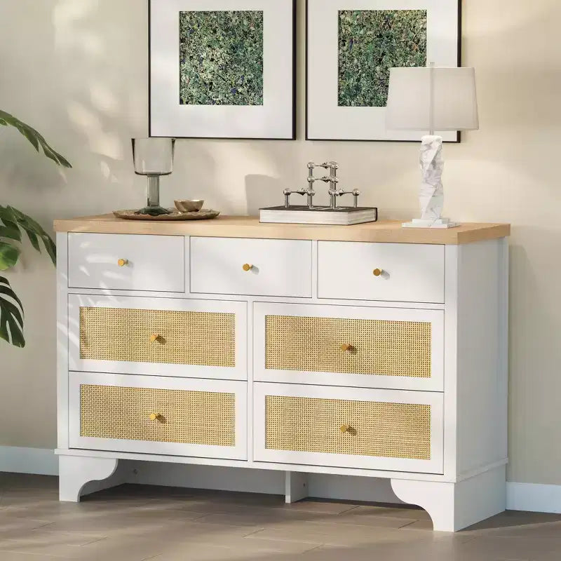 7 Drawer Dresser for Bedroom,47.3'' Wide Rattan Dressers,Large Chest of Drawers,Boho Closet Organizer for Living Room,Entryway and Hallway