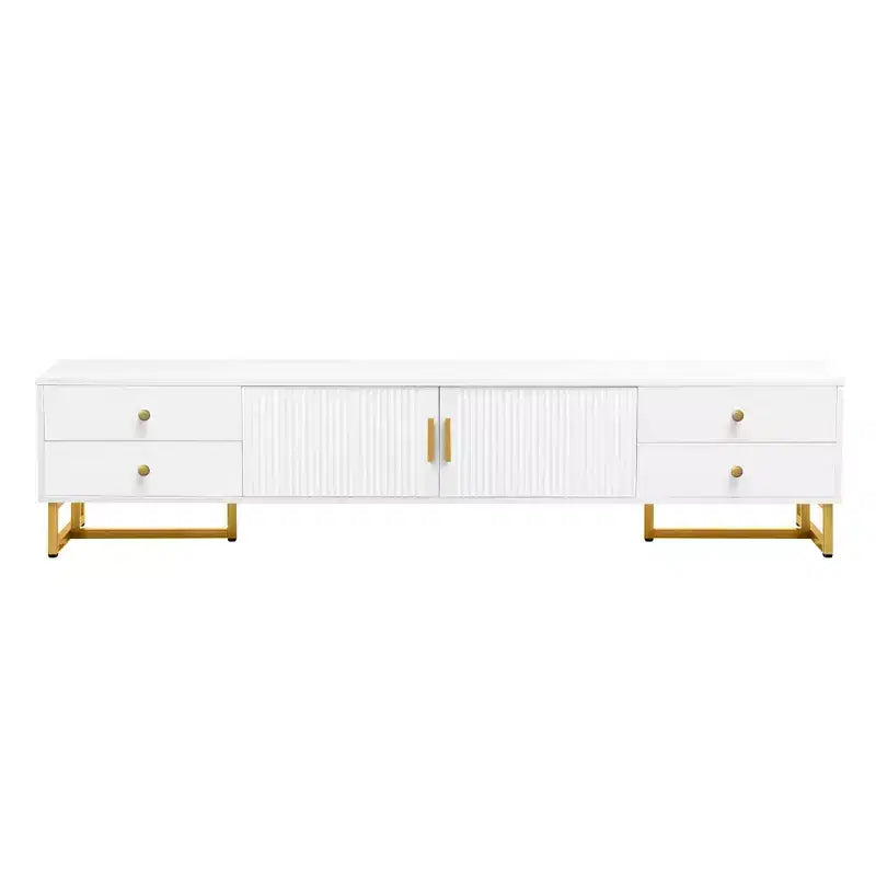 White TV Console with 4 Drawers and Cabinet Storage for Living Room, Fits TVs up to 70 Inch