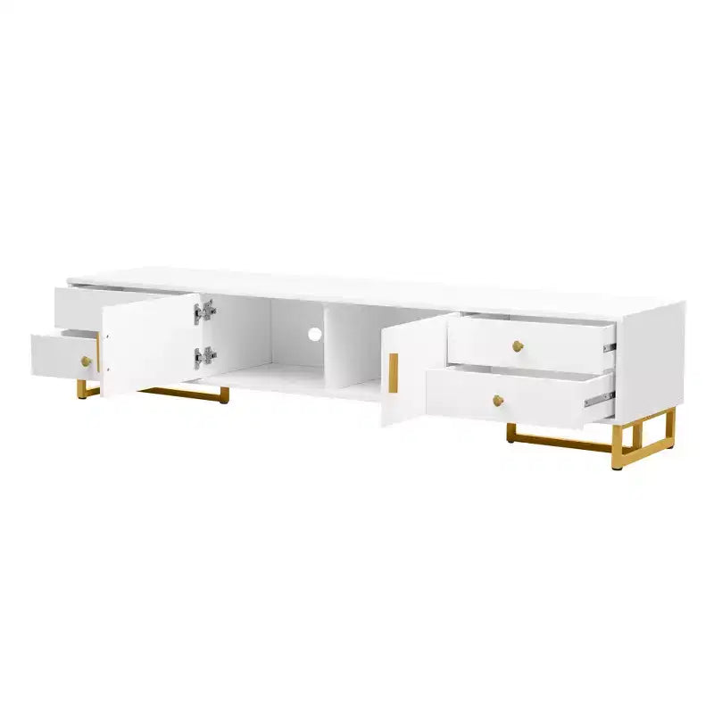 White TV Console with 4 Drawers and Cabinet Storage for Living Room, Fits TVs up to 70 Inch