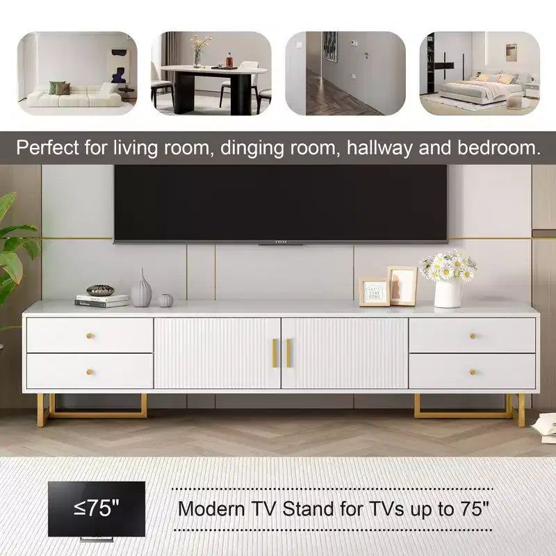 White TV Console with 4 Drawers and Cabinet Storage for Living Room, Fits TVs up to 70 Inch