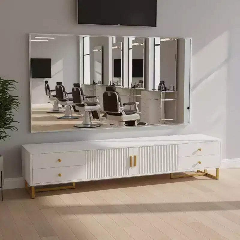 White TV Console with 4 Drawers and Cabinet Storage for Living Room, Fits TVs up to 70 Inch