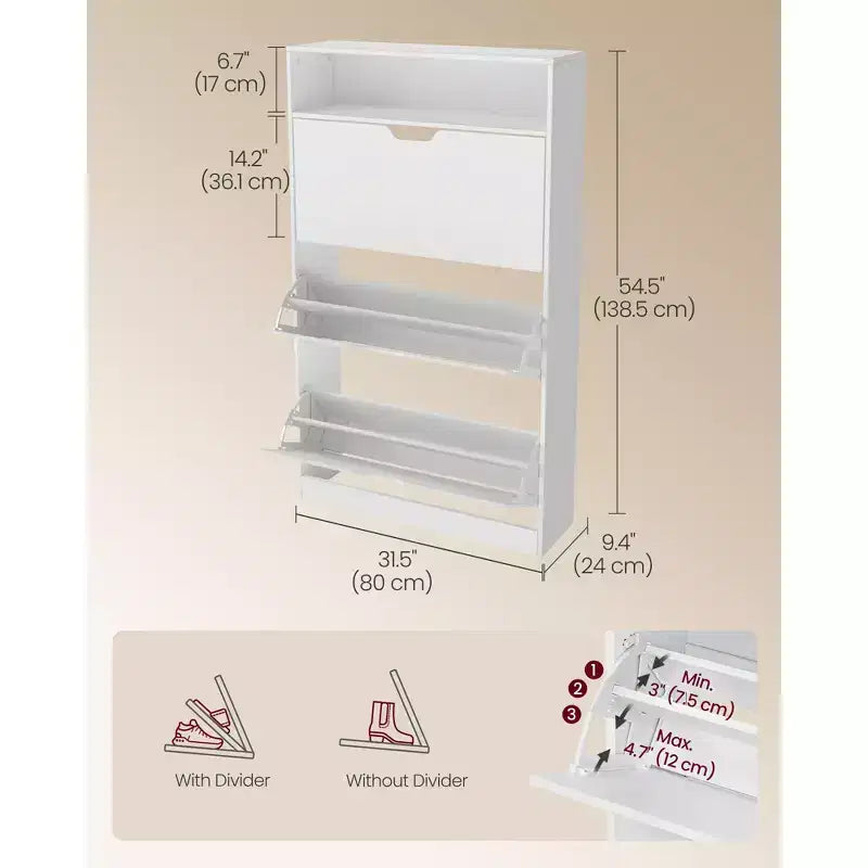 Shoe Cabinet, Open Compartment, Adjustable and Removable Dividers, 3 Flip Drawers, for 21-24 Pairs, Cloud White