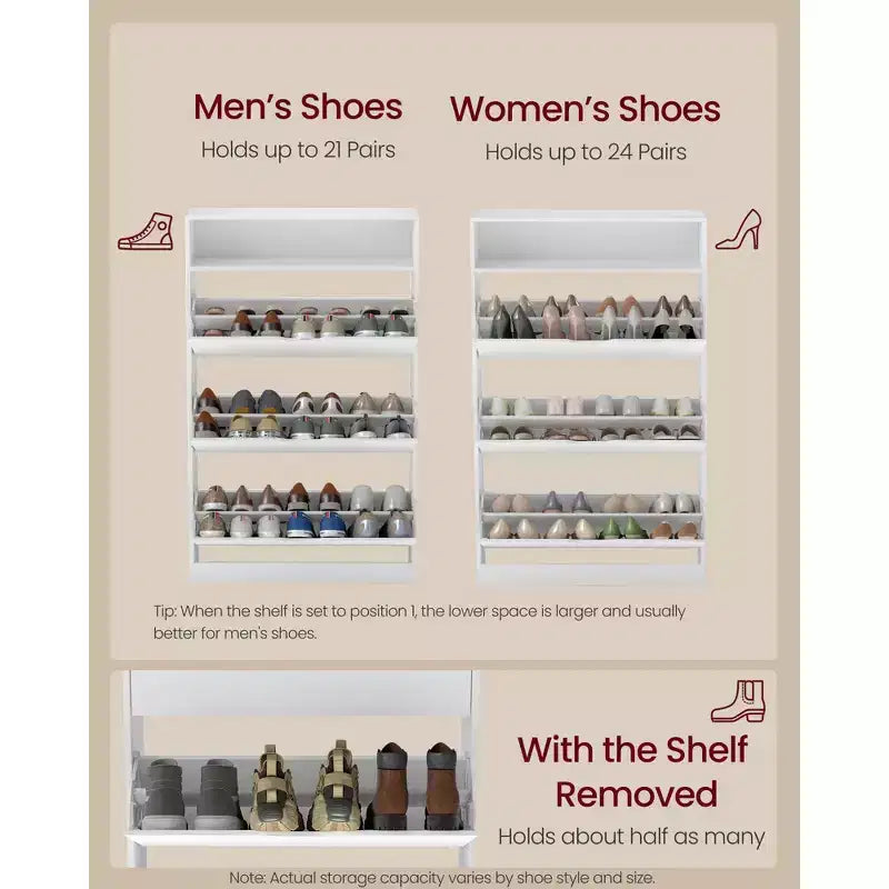 Shoe Cabinet, Open Compartment, Adjustable and Removable Dividers, 3 Flip Drawers, for 21-24 Pairs, Cloud White