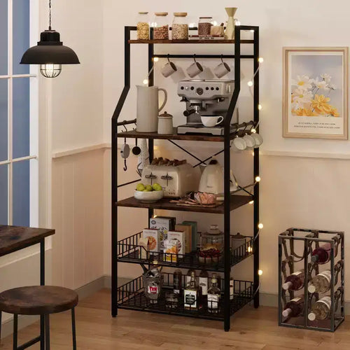 Étagère de cuisine industrielle à 5 niveaux avec 2 paniers métalliques et 8 crochets, meuble de rangement autonome peu encombrant pour micro-ondes et station de café