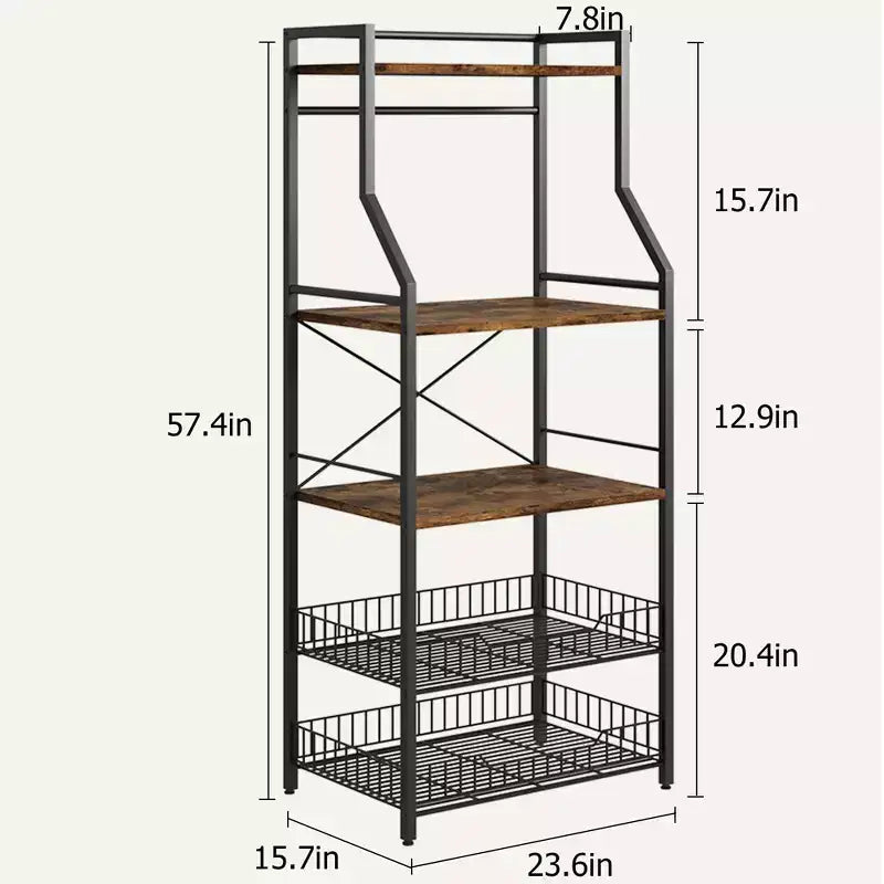 5-Tier Industrial Kitchen Bakers Rack with 2 Wire Baskets and 8 Hooks, Space-Saving Freestanding Microwave Stand and Coffee Bar Station