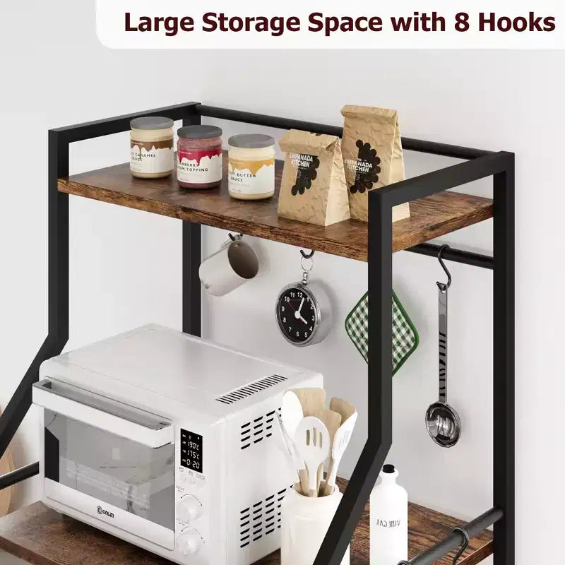 5-Tier Industrial Kitchen Bakers Rack with 2 Wire Baskets and 8 Hooks, Space-Saving Freestanding Microwave Stand and Coffee Bar Station