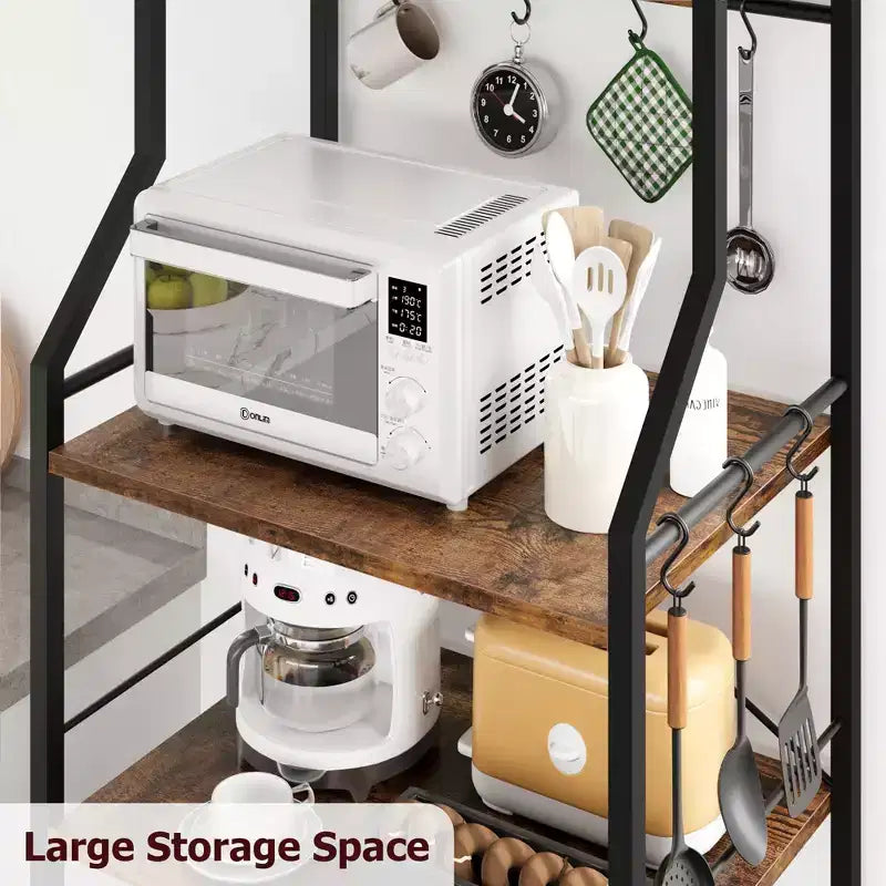 5-Tier Industrial Kitchen Bakers Rack with 2 Wire Baskets and 8 Hooks, Space-Saving Freestanding Microwave Stand and Coffee Bar Station