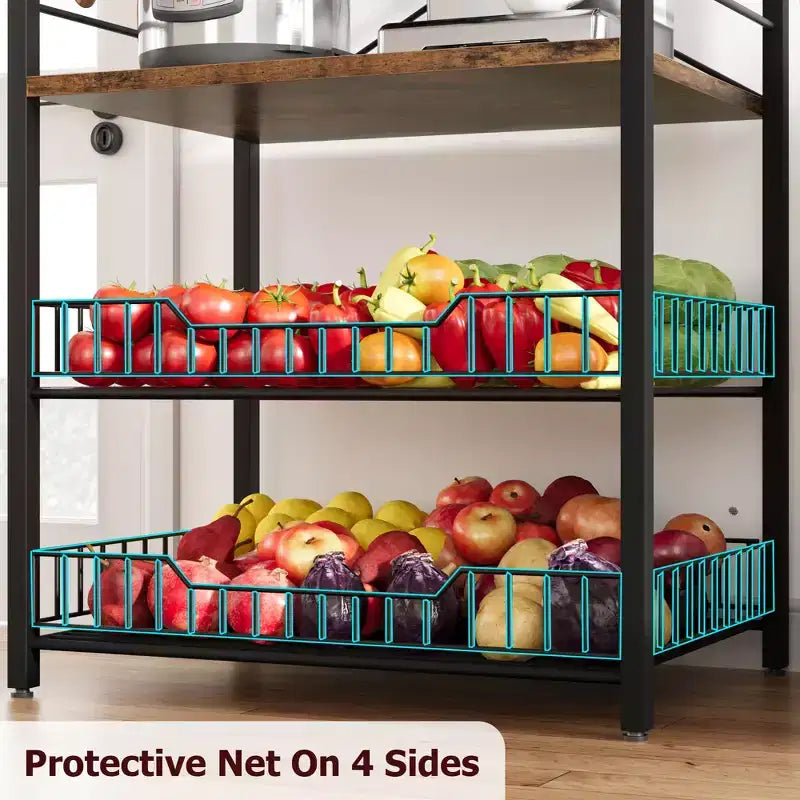 5-Tier Industrial Kitchen Bakers Rack with 2 Wire Baskets and 8 Hooks, Space-Saving Freestanding Microwave Stand and Coffee Bar Station