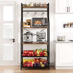 5-Tier Industrial Kitchen Bakers Rack with 2 Wire Baskets and 8 Hooks, Space-Saving Freestanding Microwave Stand and Coffee Bar Station