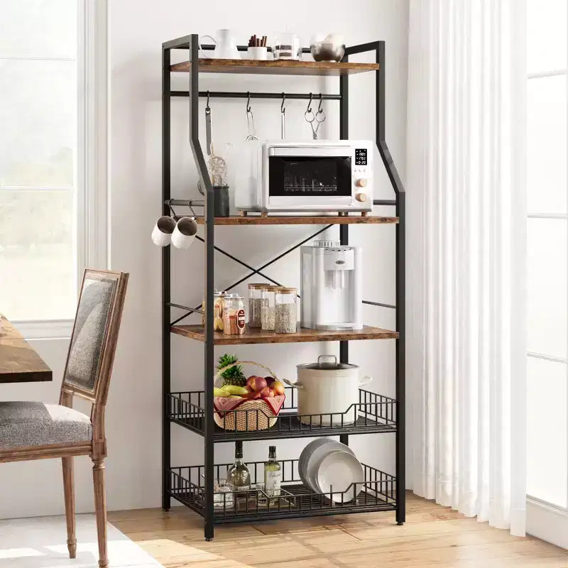 5-Tier Industrial Kitchen Bakers Rack with 2 Wire Baskets and 8 Hooks, Space-Saving Freestanding Microwave Stand and Coffee Bar Station