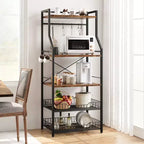 5-Tier Industrial Kitchen Bakers Rack with 2 Wire Baskets and 8 Hooks, Space-Saving Freestanding Microwave Stand and Coffee Bar Station