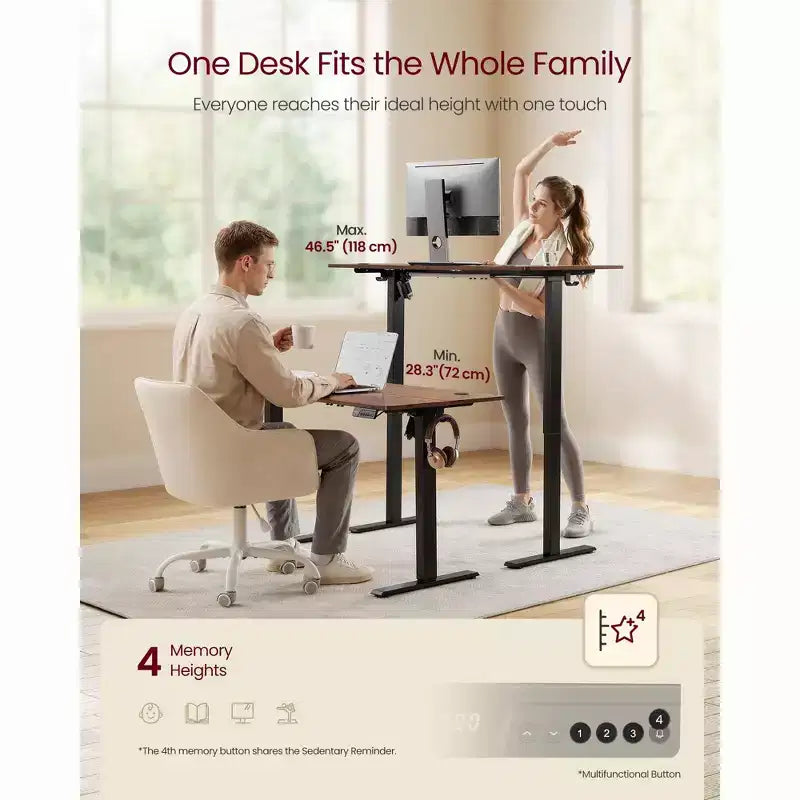 Electric Standing Desk, Height Adjustable Desk, Sedentary Reminder, 4 Memory Heights, for Home Office, 63 x 27.6 Inches, Rustic Brown