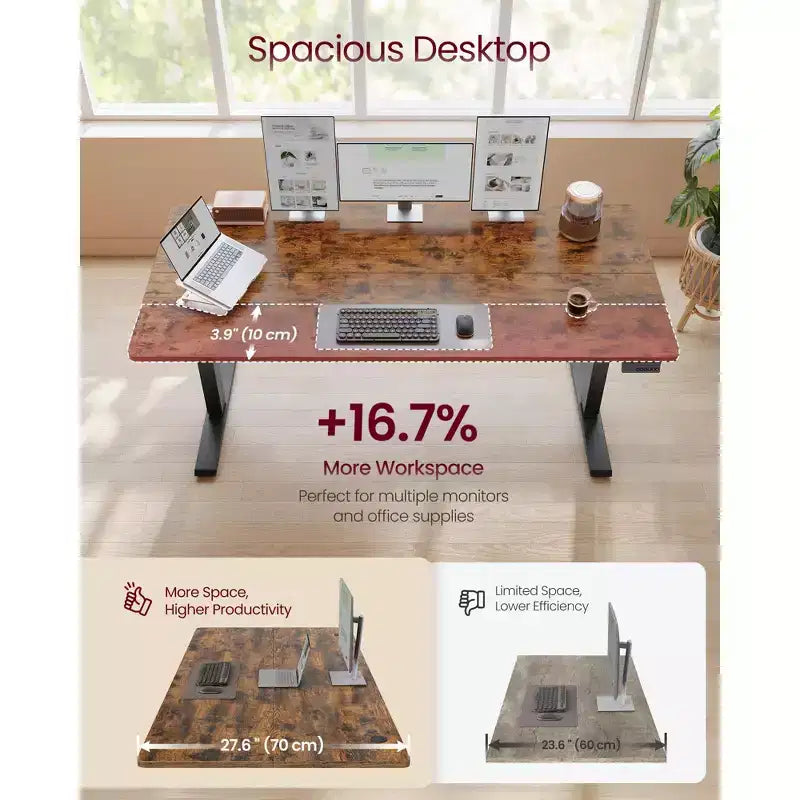 Electric Standing Desk, Height Adjustable Desk, Sedentary Reminder, 4 Memory Heights, for Home Office, 63 x 27.6 Inches, Rustic Brown