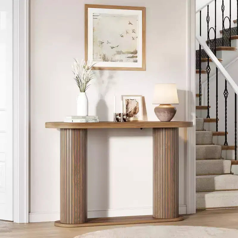 42.5 Fluted Wood Console Table, Narrow Sofa Entryway Table w/ Storage Shelf Behind Couch, Modern Display Stand for Hallway & Living Room