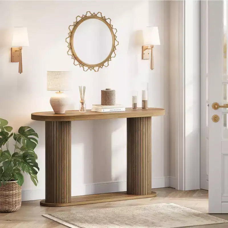 42.5 Fluted Wood Console Table, Narrow Sofa Entryway Table w/ Storage Shelf Behind Couch, Modern Display Stand for Hallway & Living Room