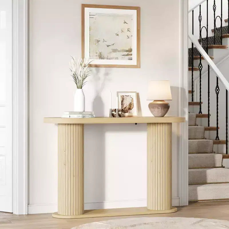 42.5 Fluted Wood Console Table, Narrow Sofa Entryway Table w/ Storage Shelf Behind Couch, Modern Display Stand for Hallway & Living Room