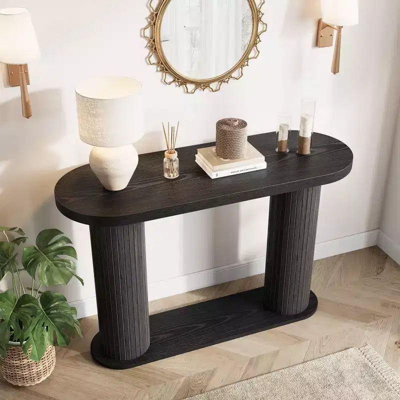 42.5 Fluted Wood Console Table, Narrow Sofa Entryway Table w/ Storage Shelf Behind Couch, Modern Display Stand for Hallway & Living Room