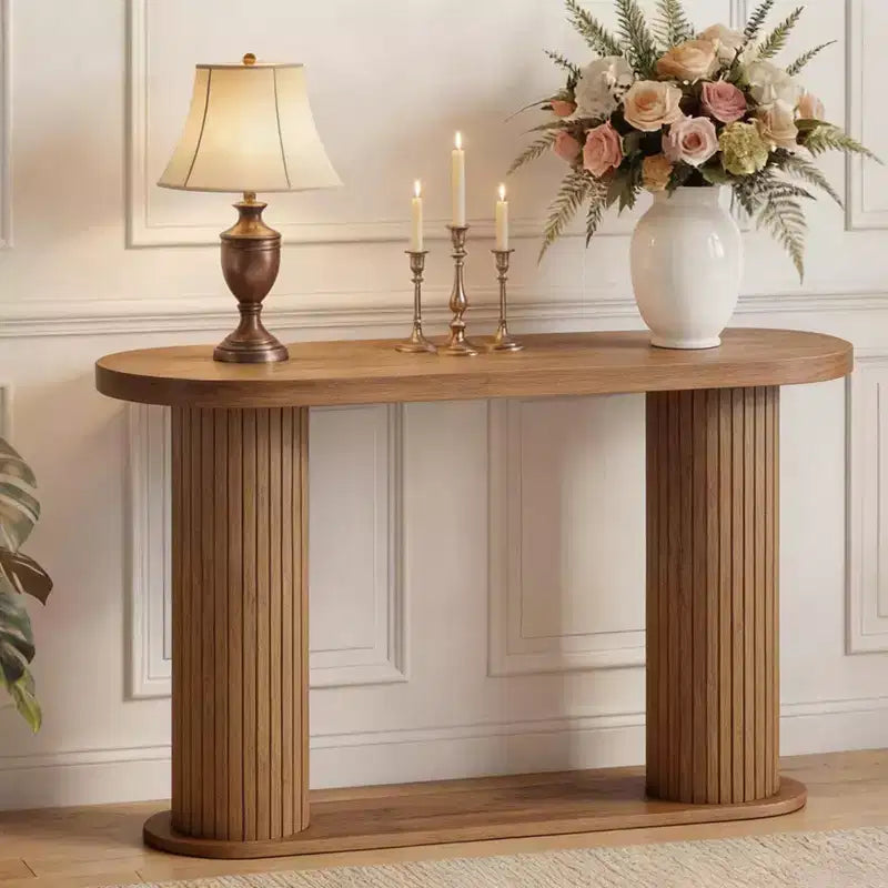 42.5 Fluted Wood Console Table, Narrow Sofa Entryway Table w/ Storage Shelf Behind Couch, Modern Display Stand for Hallway & Living Room