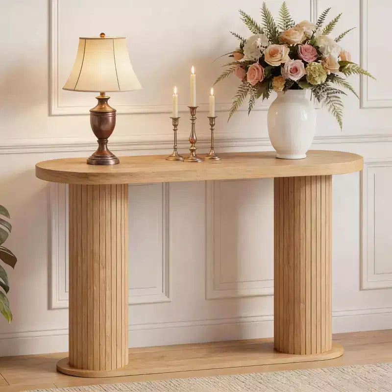 42.5 Fluted Wood Console Table, Narrow Sofa Entryway Table w/ Storage Shelf Behind Couch, Modern Display Stand for Hallway & Living Room