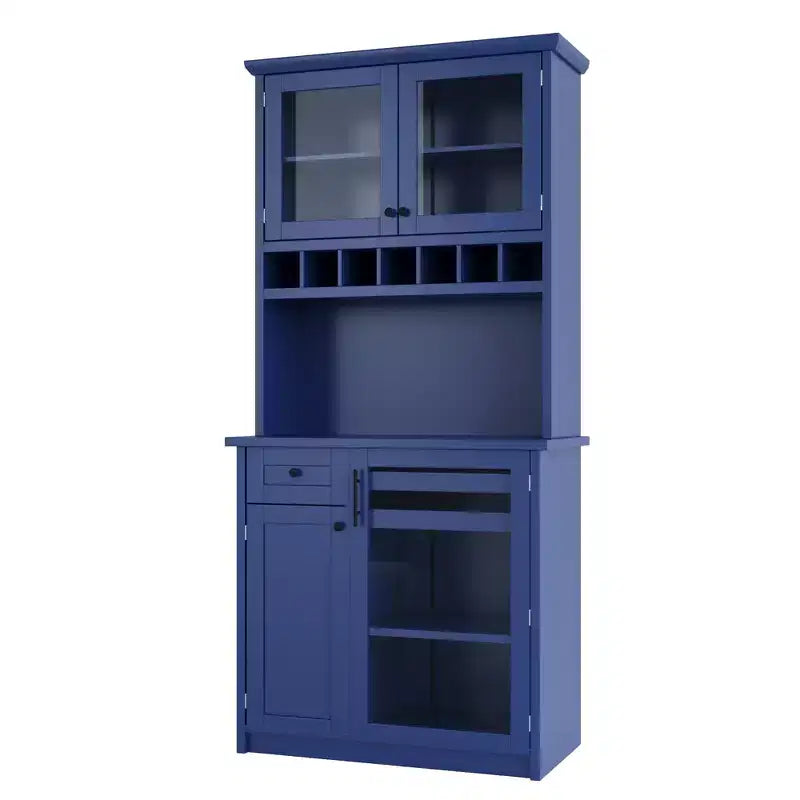 Farmhouse Freestanding Buffet with Hutch, Tall Kitchen Pantry Storage Cabinet with Wine Rack and Adjustable Shelves for Dining Room