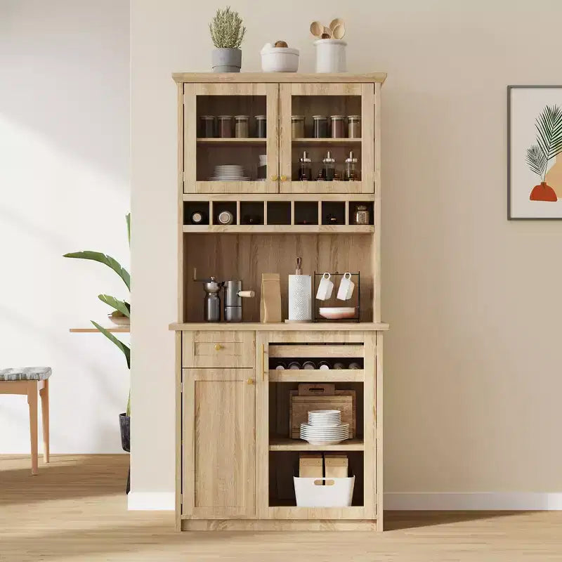 Farmhouse Freestanding Buffet with Hutch, Tall Kitchen Pantry Storage Cabinet with Wine Rack and Adjustable Shelves for Dining Room