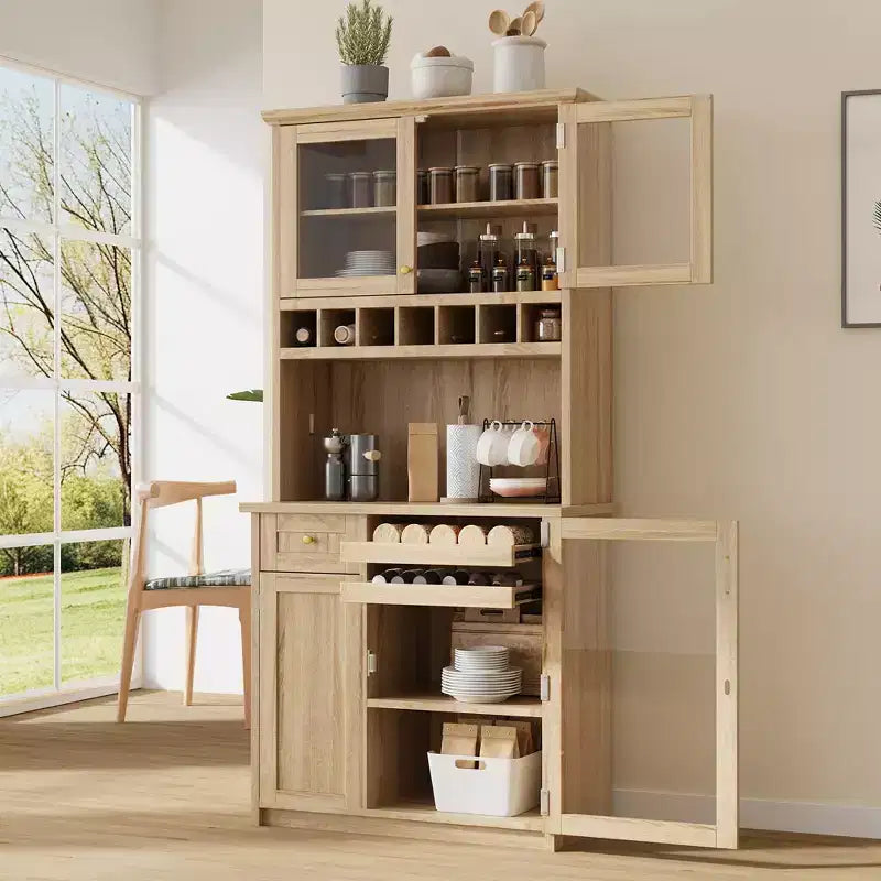 Farmhouse Freestanding Buffet with Hutch, Tall Kitchen Pantry Storage Cabinet with Wine Rack and Adjustable Shelves for Dining Room