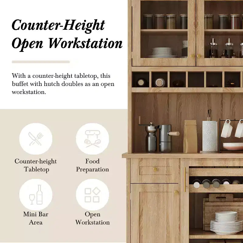 Farmhouse Freestanding Buffet with Hutch, Tall Kitchen Pantry Storage Cabinet with Wine Rack and Adjustable Shelves for Dining Room