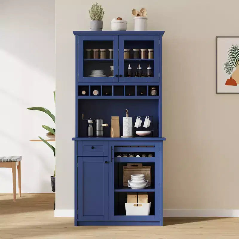 Farmhouse Freestanding Buffet with Hutch, Tall Kitchen Pantry Storage Cabinet with Wine Rack and Adjustable Shelves for Dining Room
