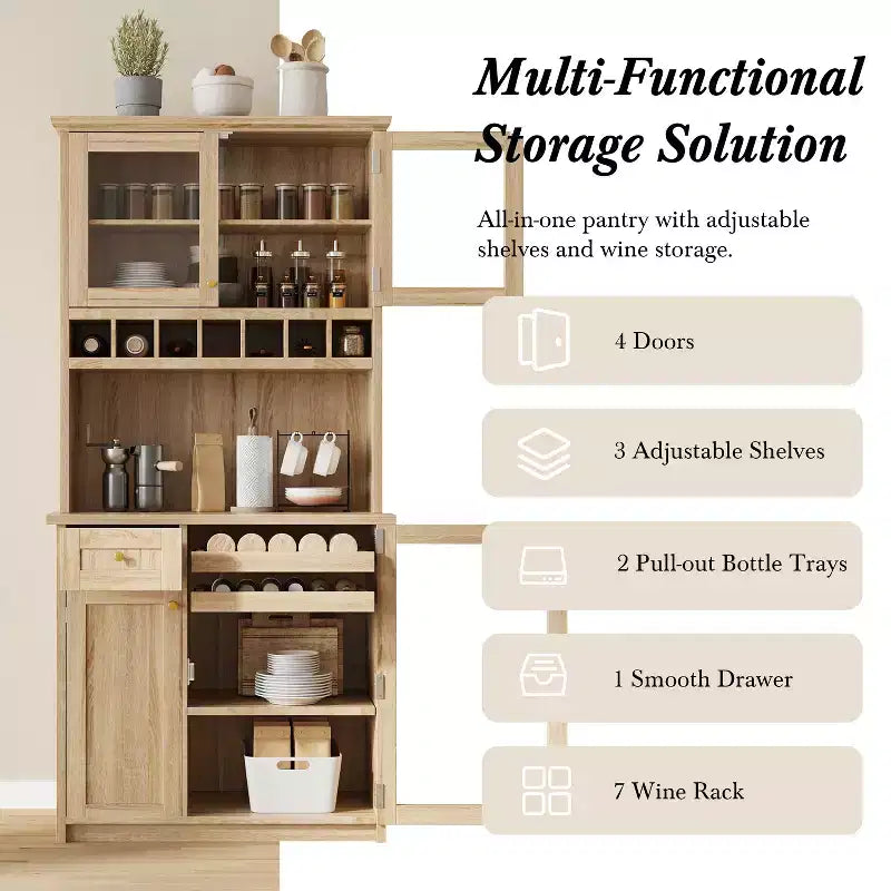 Farmhouse Freestanding Buffet with Hutch, Tall Kitchen Pantry Storage Cabinet with Wine Rack and Adjustable Shelves for Dining Room