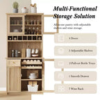 Farmhouse Freestanding Buffet with Hutch, Tall Kitchen Pantry Storage Cabinet with Wine Rack and Adjustable Shelves for Dining Room