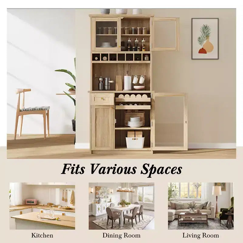 Farmhouse Freestanding Buffet with Hutch, Tall Kitchen Pantry Storage Cabinet with Wine Rack and Adjustable Shelves for Dining Room