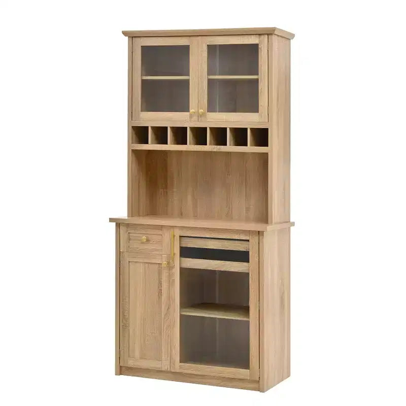 Farmhouse Freestanding Buffet with Hutch, Tall Kitchen Pantry Storage Cabinet with Wine Rack and Adjustable Shelves for Dining Room