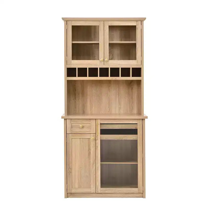 Farmhouse Freestanding Buffet with Hutch, Tall Kitchen Pantry Storage Cabinet with Wine Rack and Adjustable Shelves for Dining Room