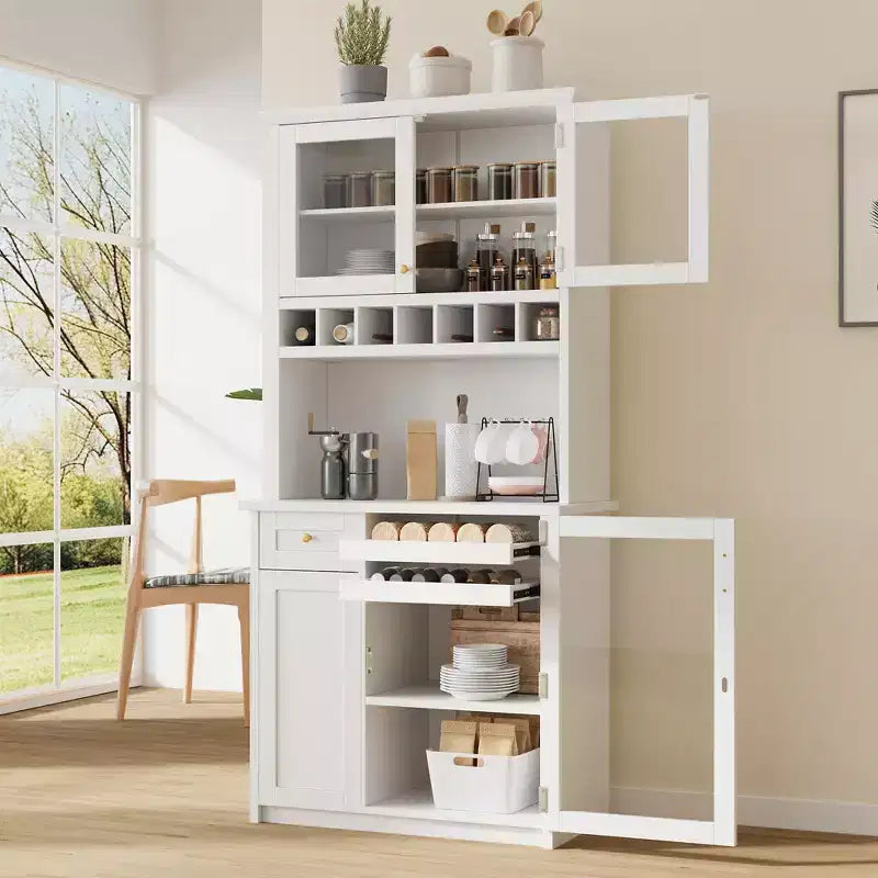 Farmhouse Freestanding Buffet with Hutch, Tall Kitchen Pantry Storage Cabinet with Wine Rack and Adjustable Shelves for Dining Room