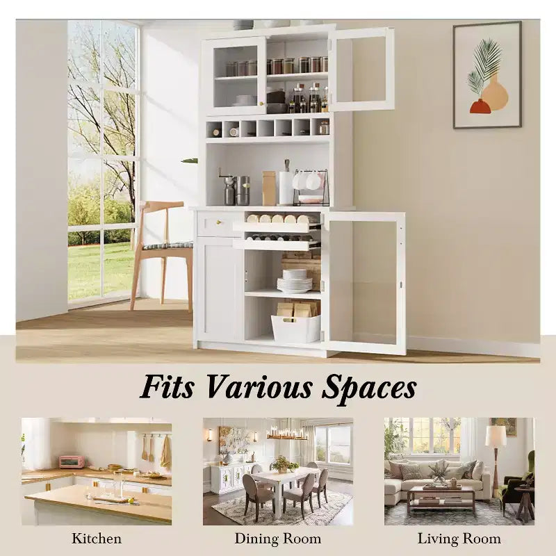 Farmhouse Freestanding Buffet with Hutch, Tall Kitchen Pantry Storage Cabinet with Wine Rack and Adjustable Shelves for Dining Room