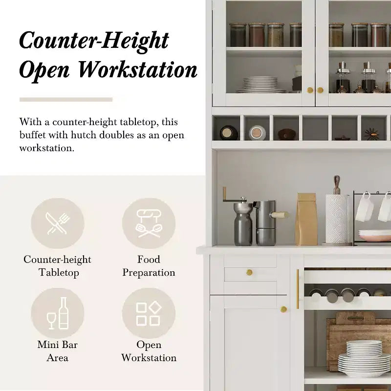 Farmhouse Freestanding Buffet with Hutch, Tall Kitchen Pantry Storage Cabinet with Wine Rack and Adjustable Shelves for Dining Room