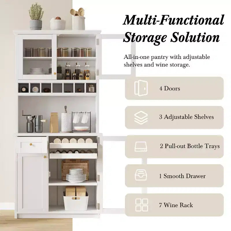 Farmhouse Freestanding Buffet with Hutch, Tall Kitchen Pantry Storage Cabinet with Wine Rack and Adjustable Shelves for Dining Room