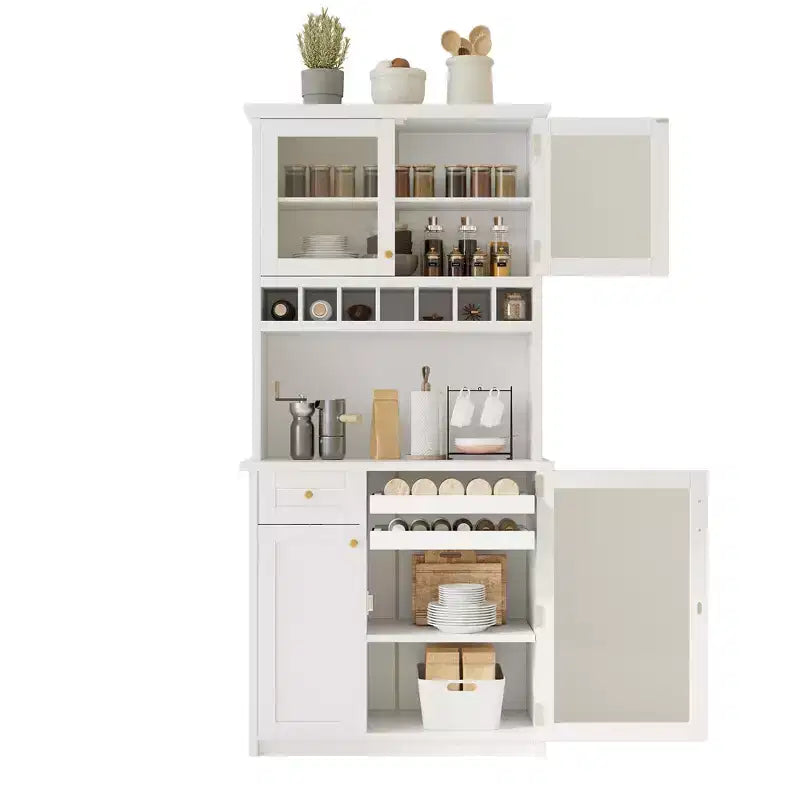 Farmhouse Freestanding Buffet with Hutch, Tall Kitchen Pantry Storage Cabinet with Wine Rack and Adjustable Shelves for Dining Room