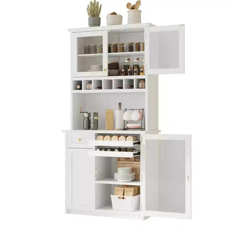 Farmhouse Freestanding Buffet with Hutch, Tall Kitchen Pantry Storage Cabinet with Wine Rack and Adjustable Shelves for Dining Room
