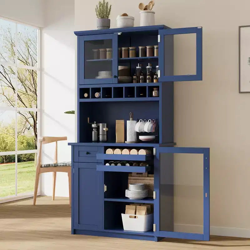 Farmhouse Freestanding Buffet with Hutch, Tall Kitchen Pantry Storage Cabinet with Wine Rack and Adjustable Shelves for Dining Room